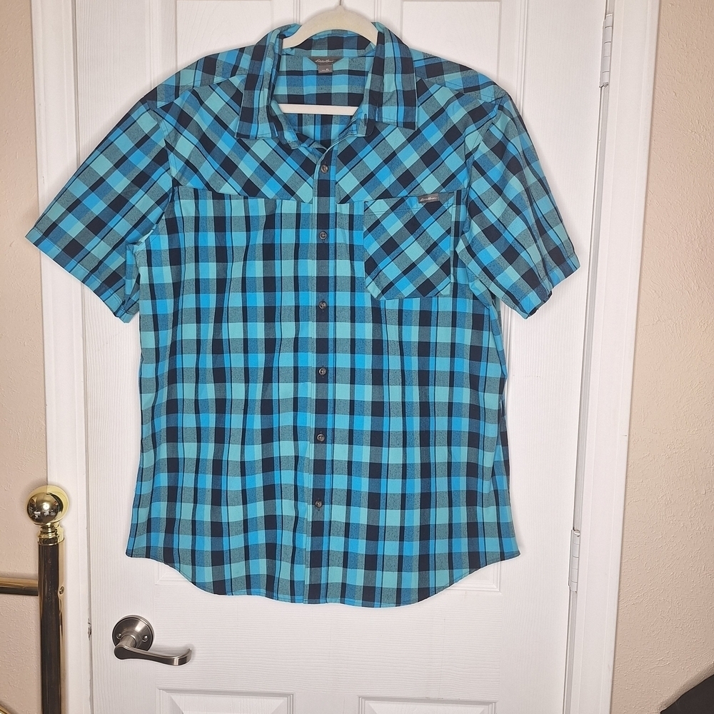 Eddie Bauer Turquoise and Black Plaid Men's Shirt Size XL